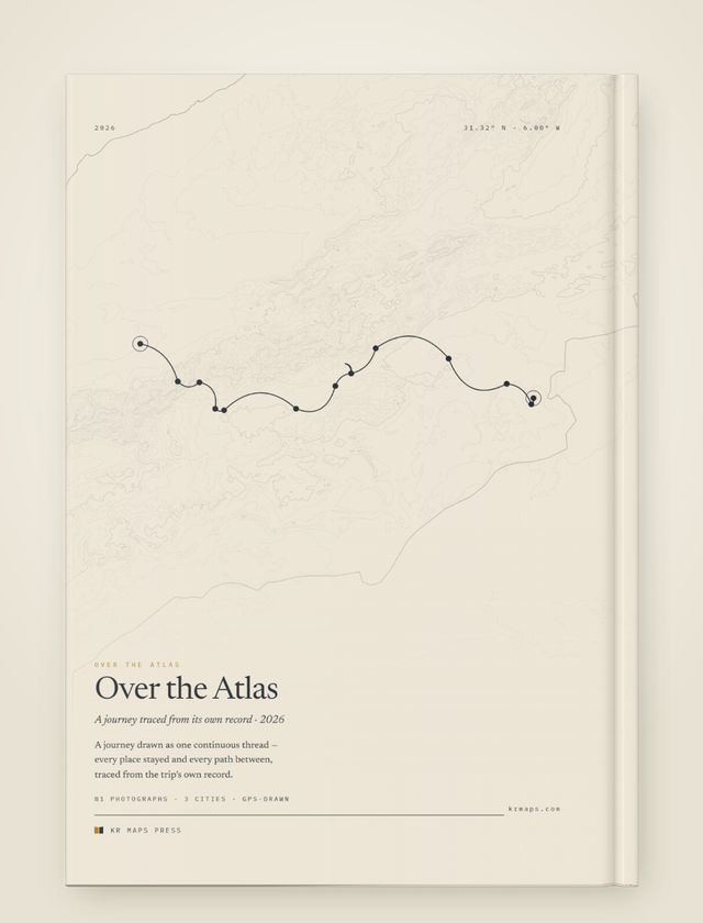 Relief &mdash; an A4 portrait Travel Book back cover, the route drawn from a real trip's record