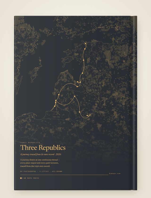 Region tone &mdash; an A4 portrait Travel Book back cover, the route drawn from a real trip's record
