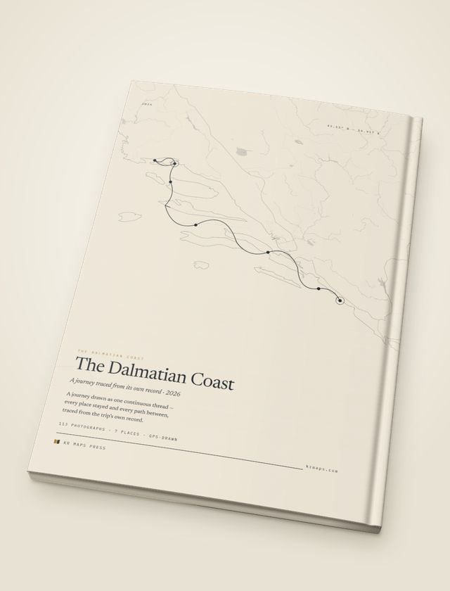 Fine line &mdash; an A4 portrait Travel Book back cover, the route drawn from a real trip's record