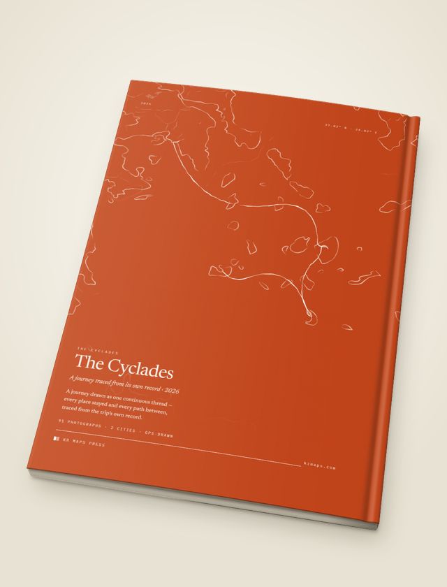 Inked &mdash; an A4 portrait Travel Book back cover, the route drawn from a real trip's record