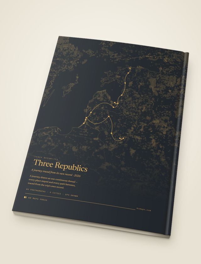 Region tone &mdash; an A4 portrait Travel Book back cover, the route drawn from a real trip's record