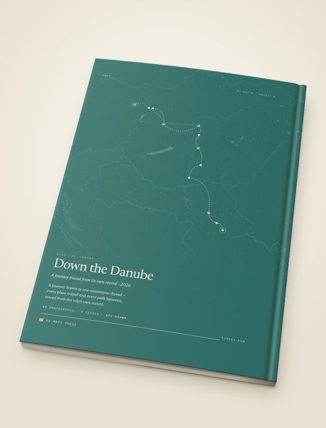 Rivers & lakes &mdash; an A4 portrait Travel Book back cover, the route drawn from a real trip's record