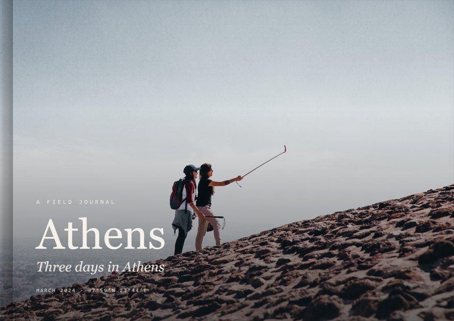 The finished book: a hardcover Travel Book whose front cover is one of those photographs, titled Athens