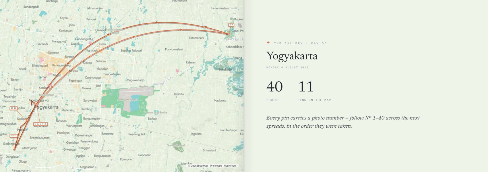 A day map: Yogyakarta, with 40 photographs numbered on a street map