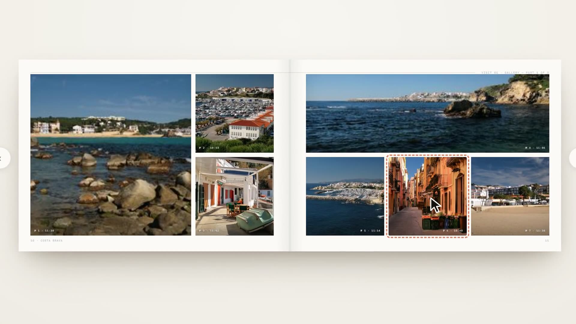 One photograph on a spread is held with the pointer, dragged across the page onto another photograph, and the two exchange positions when it is dropped