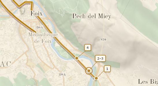 The morning&rsquo;s printed map through Foix &mdash; the walked line pinned 1, 2&ndash;3 and 4