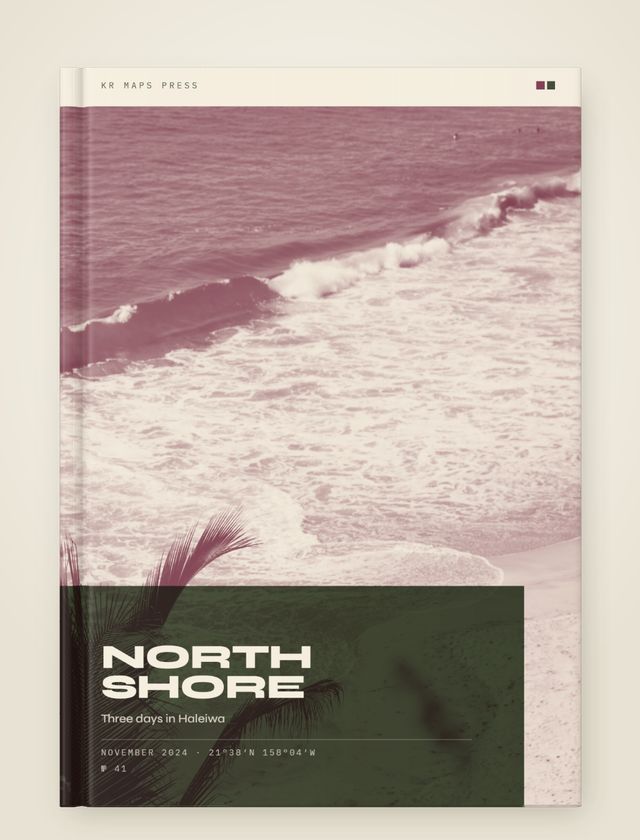 Two inks, in plum &mdash; an A4 portrait Travel Book front cover, a real render from a lifestyle photograph