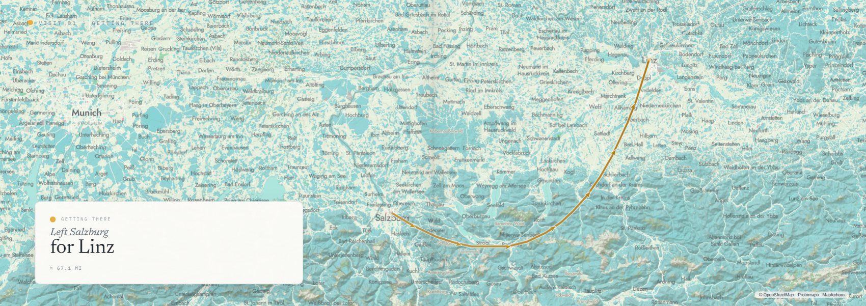 A full-spread map of the drive from Salzburg to Linz