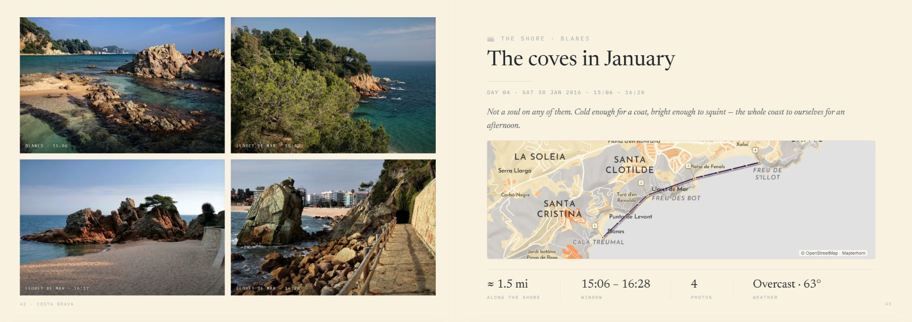 A printed shore spread from the Costa Brava demo book: four photographs of empty January coves, and a map of the walk along the Lloret shore with each photo numbered on it