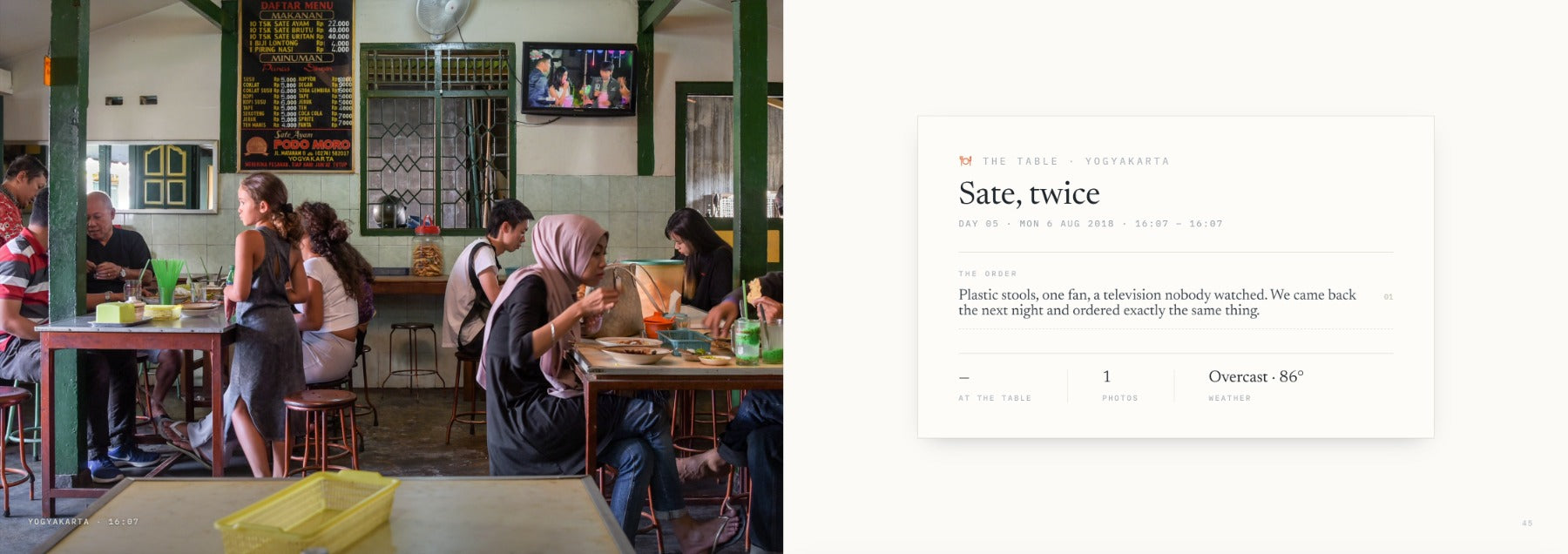 A printed meal spread from the Indonesia demo book: the warung in full bleed, facing the &lsquo;Sate, twice&rsquo; card with the order printed like a receipt
