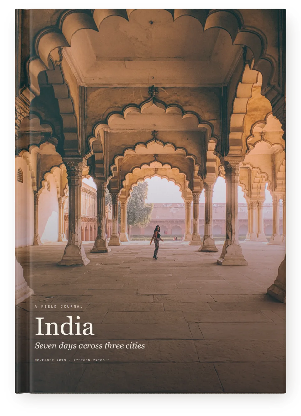 A finished hardcover Travel Book, standing upright — India — a figure alone under the arches of a fort, the title set quietly at the foot