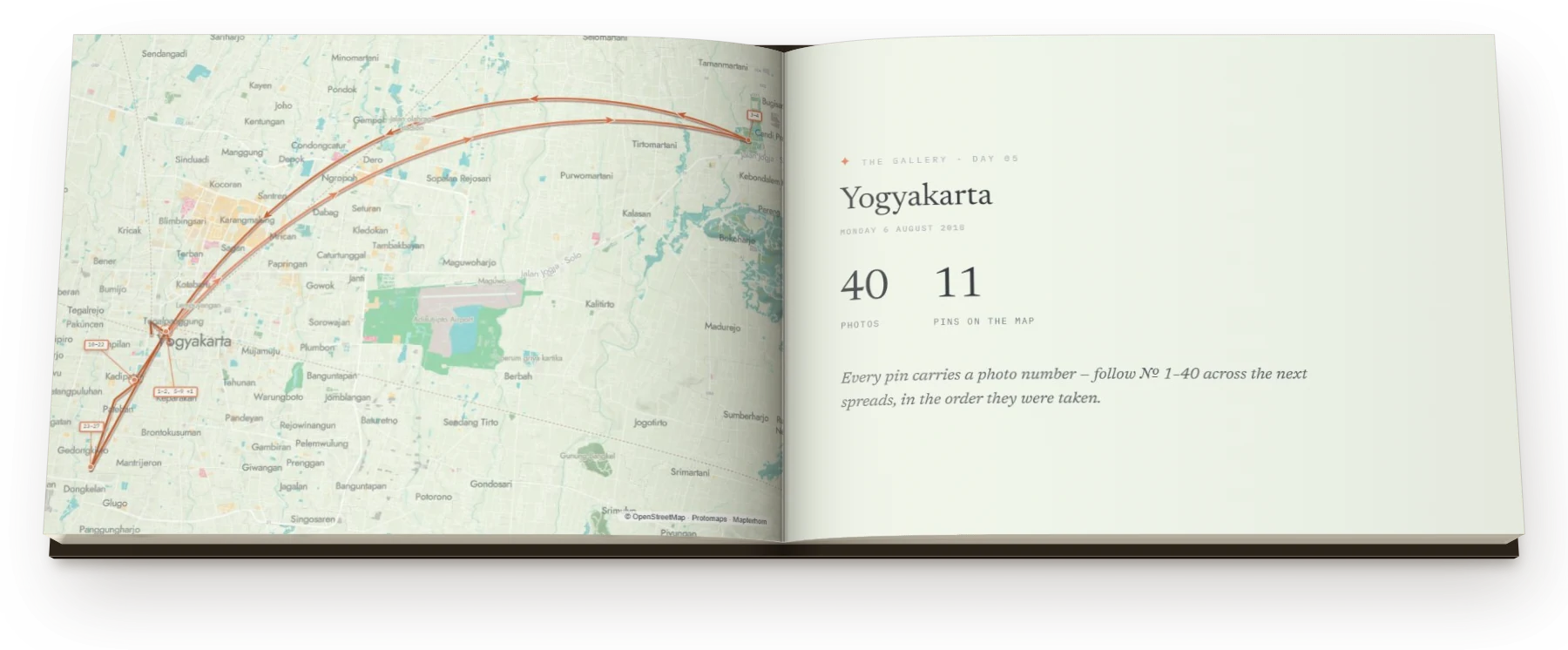 A day map: Yogyakarta, with 40 photographs numbered on a street map