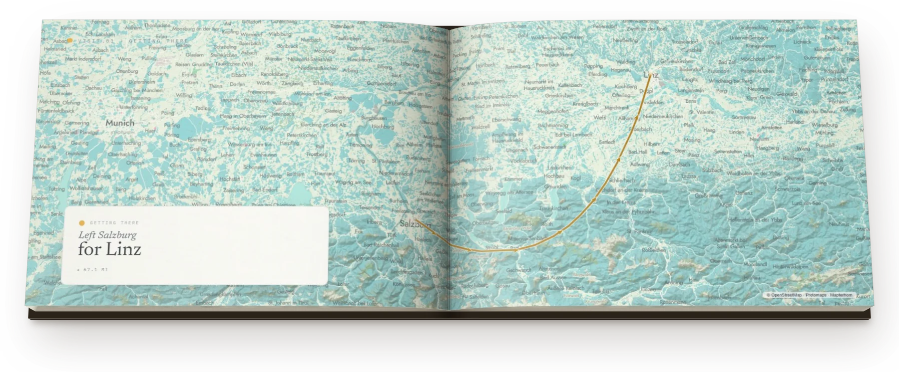 A full-spread map of the drive from Salzburg to Linz