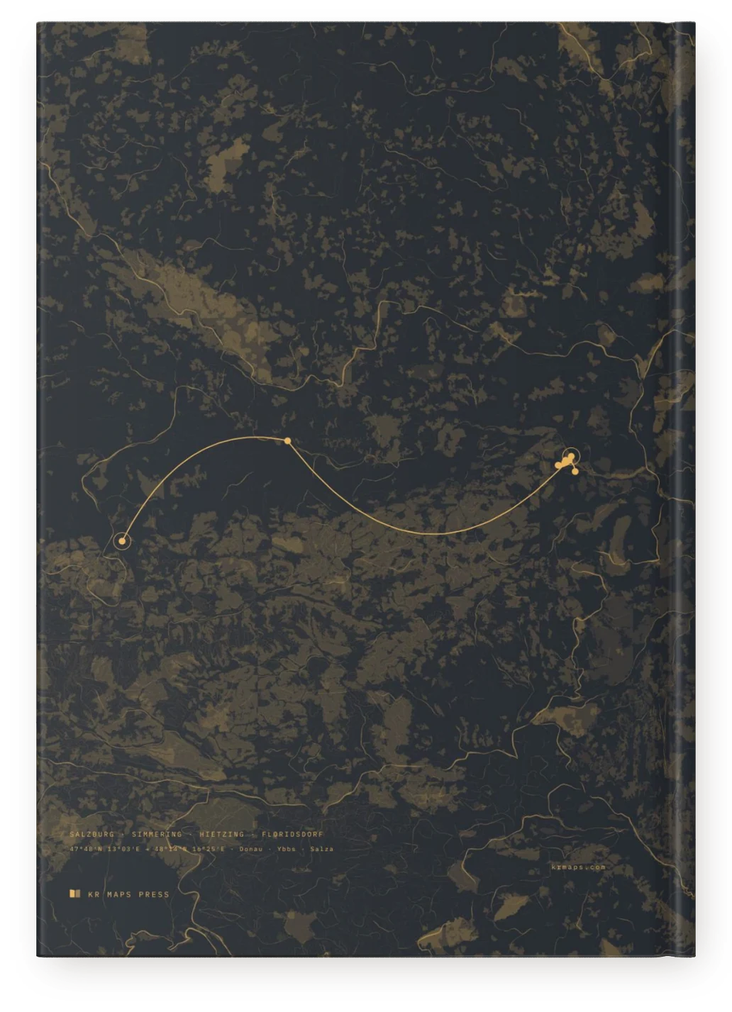 The back cover of a Vienna Travel Book, the route drawn in gold over the ground it crossed