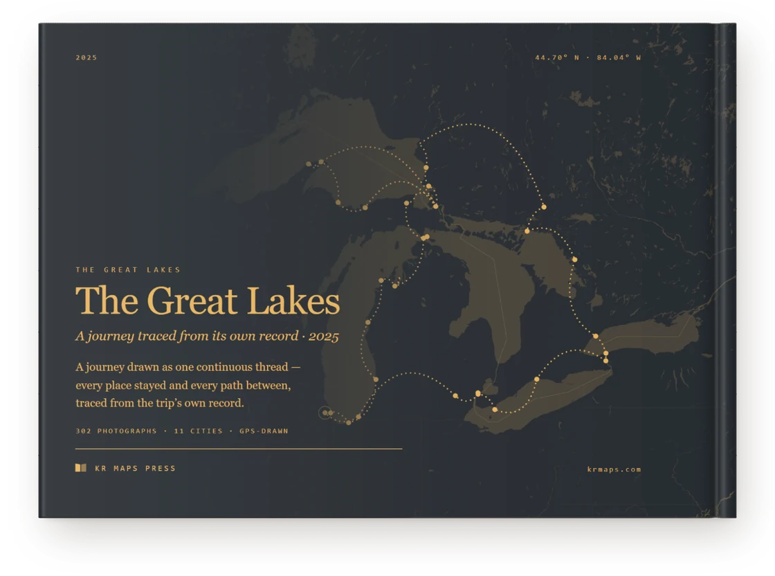 The Great Lakes &mdash; a Travel Book back cover, the route drawn from the trip's own record