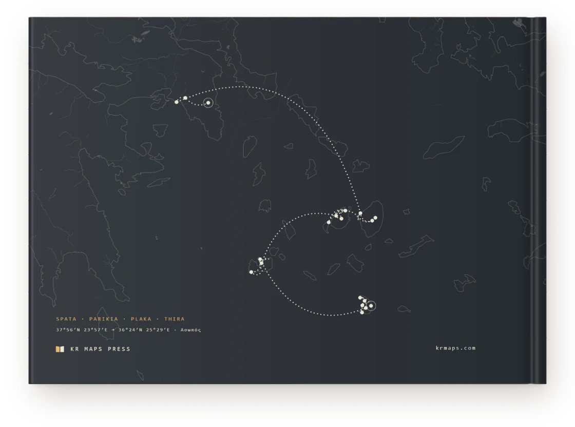 The Cyclades &mdash; a Travel Book back cover, the route drawn from the trip's own record