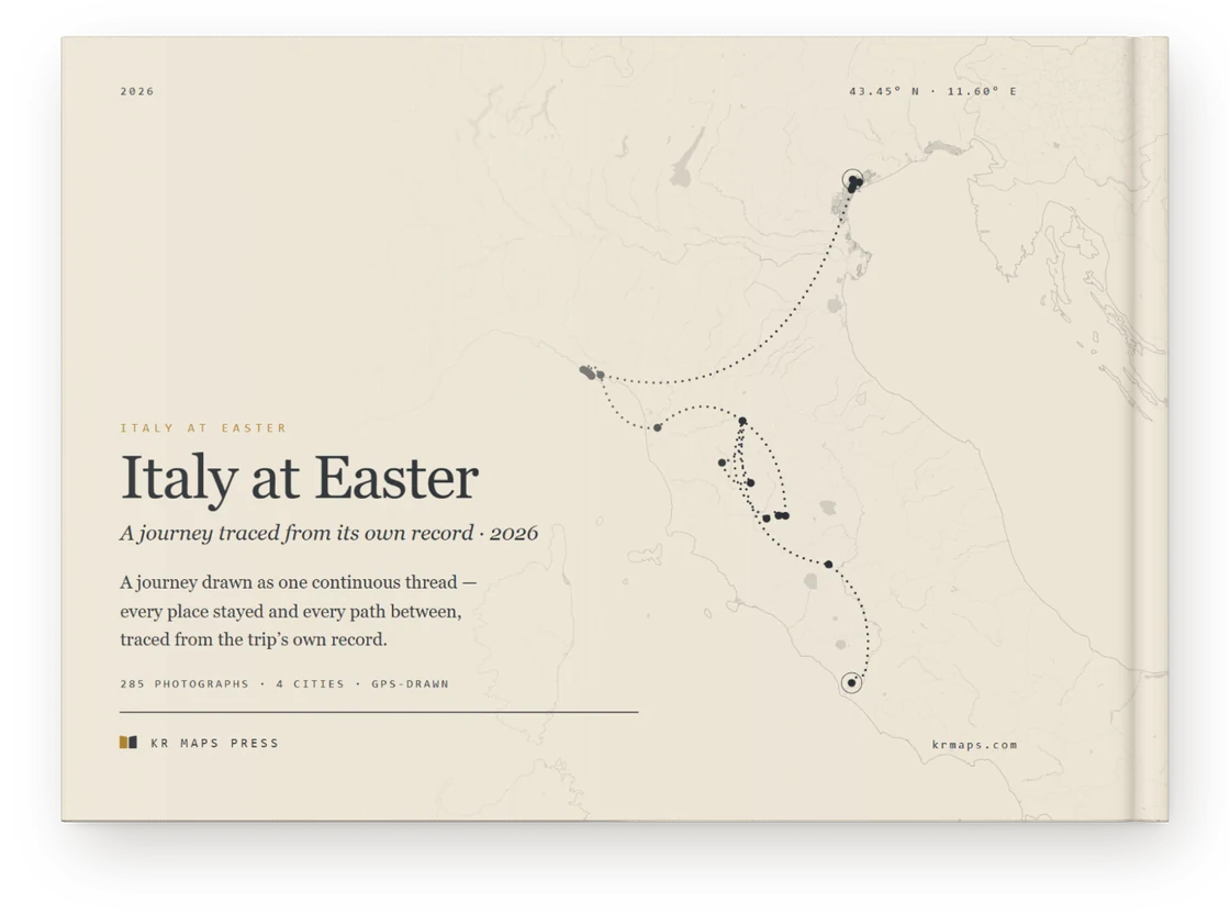 Italy at Easter &mdash; a Travel Book back cover, the route drawn from the trip's own record