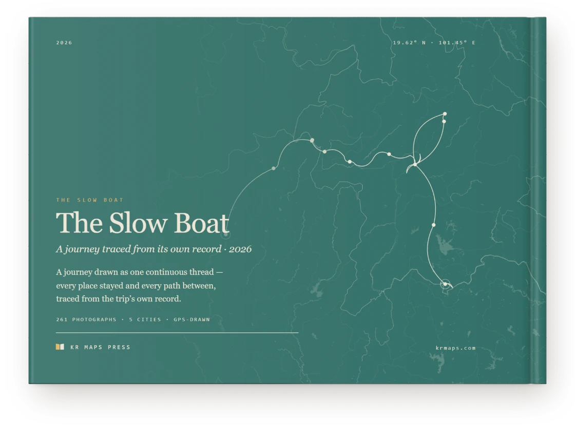 The Slow Boat &mdash; a Travel Book back cover, the route drawn from the trip's own record
