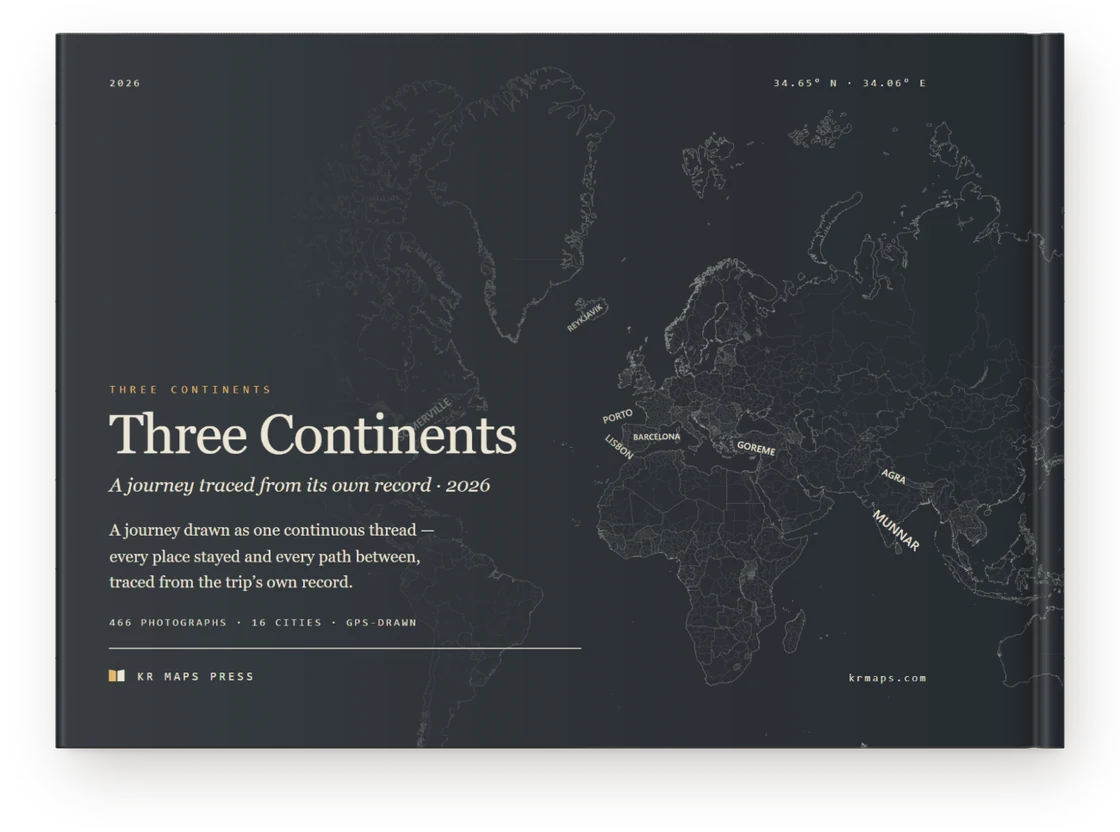Three Continents &mdash; a Travel Book back cover, the route drawn from the trip's own record