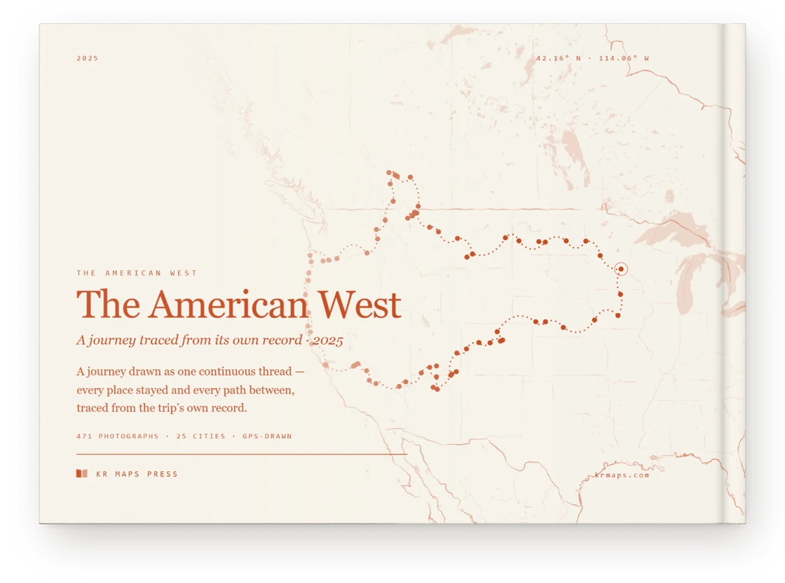 The American West &mdash; a Travel Book back cover, the route drawn from the trip's own record