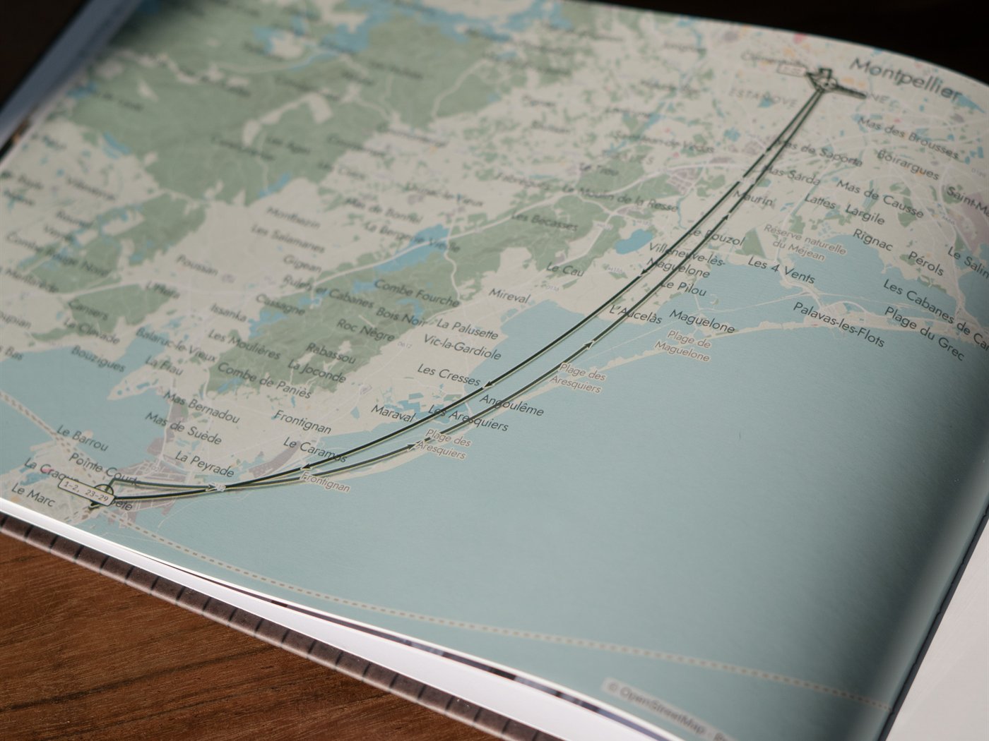A printed map page &mdash; the route drawn along the coast from S&egrave;te up to Montpellier