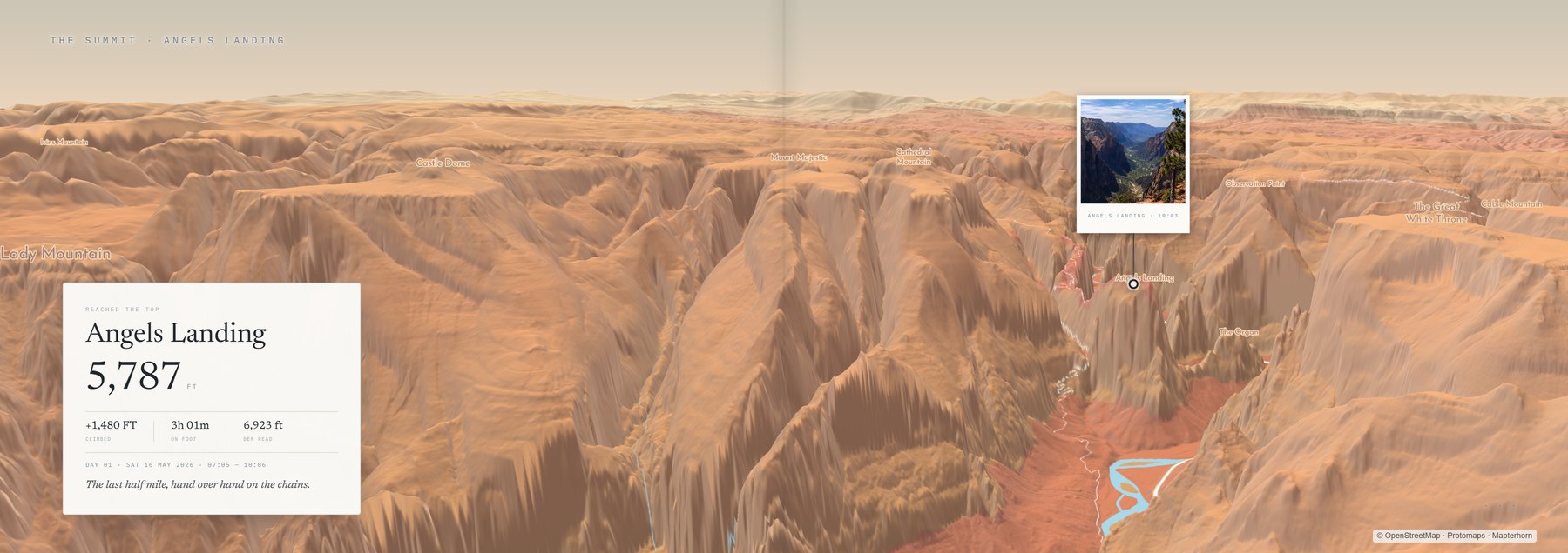 An exported summit spread: Angels Landing in 3D relief, the route drawn up the rock and the photograph from the top pinned at its own coordinates