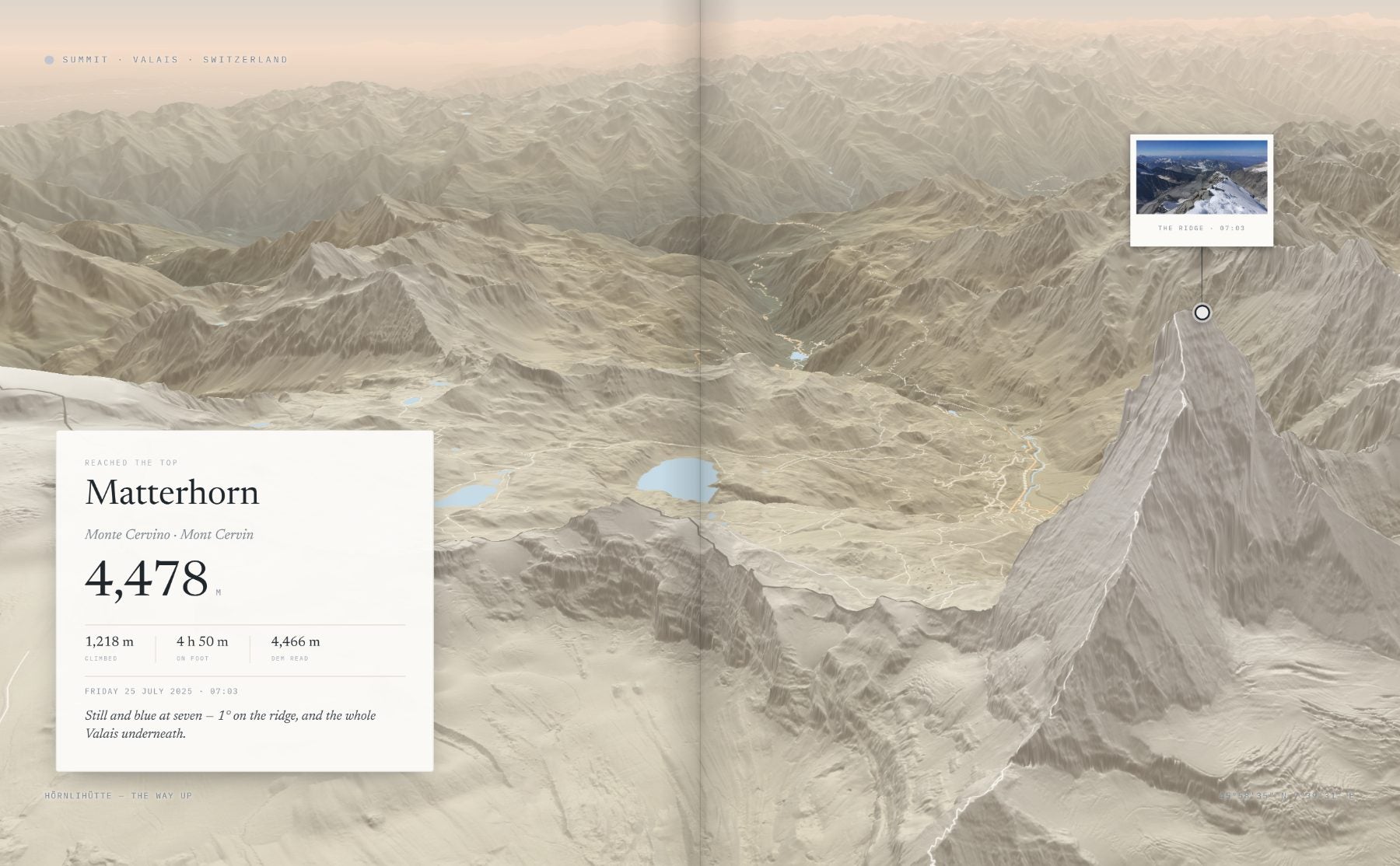 A summit spread: the Matterhorn in 3D relief with the climber’s own photograph planted at its coordinates