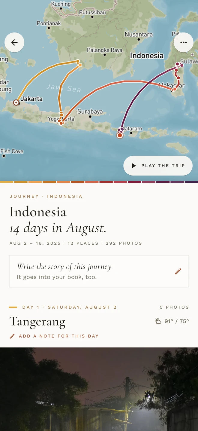 The Indonesia journey open in Journeys, its route drawn across Java, Borneo, Sulawesi and Bali