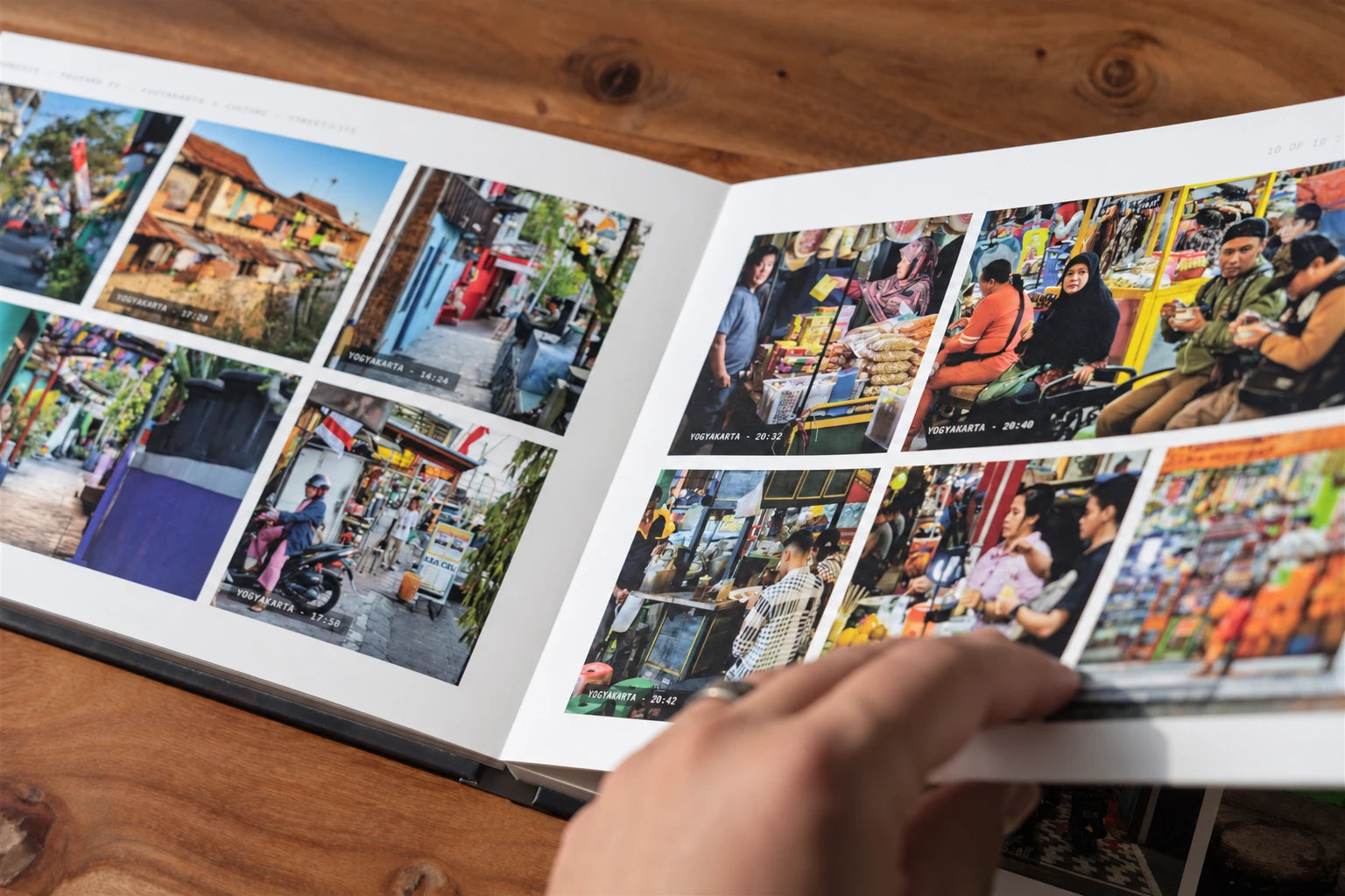 A spread of Yogyakarta street and market photos, each stamped with its time